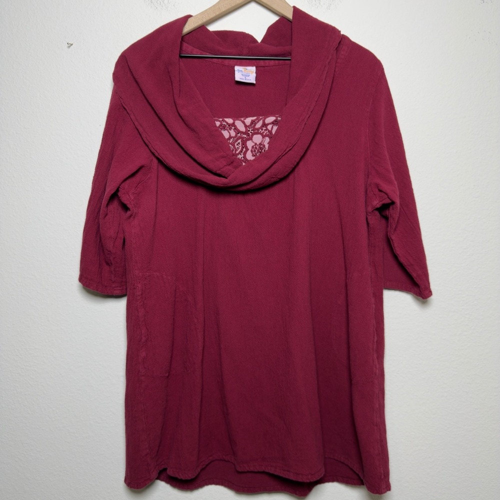 Sea Breeze of California Women Tunic Top Large Burgundy Cotton Lace Inset Lagen‎
